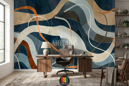 A modern bedroom featuring a large abstract wallpaper with flowing, curved lines in shades of dark blue, beige, grey, brown, and orange. This contemporary wall art is ideal for stylish homes in Egypt.
غرفة نوم عصرية تحتوي على ورق حائط كبير بتصميم تجريدي يتميز بخطوط منحنية وأمواج بألوان الأزرق الداكن والبيج والرمادي والبني والبرتقالي. هذا الديكور الجداري العصري مثالي للمنازل الأنيقة في مصر.
room: office