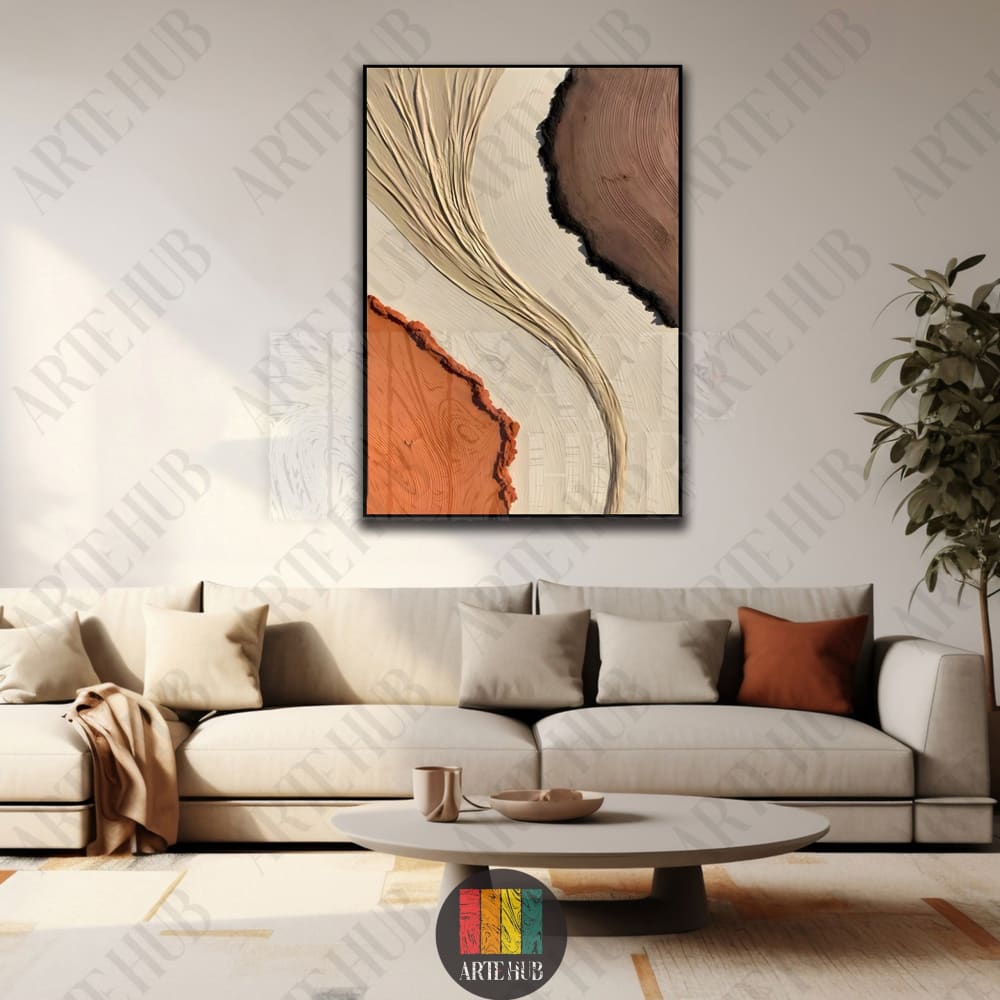 Modern abstract canvas wall art with textured earth tones and organic shapes hanging in a minimalist living room in Egypt.
