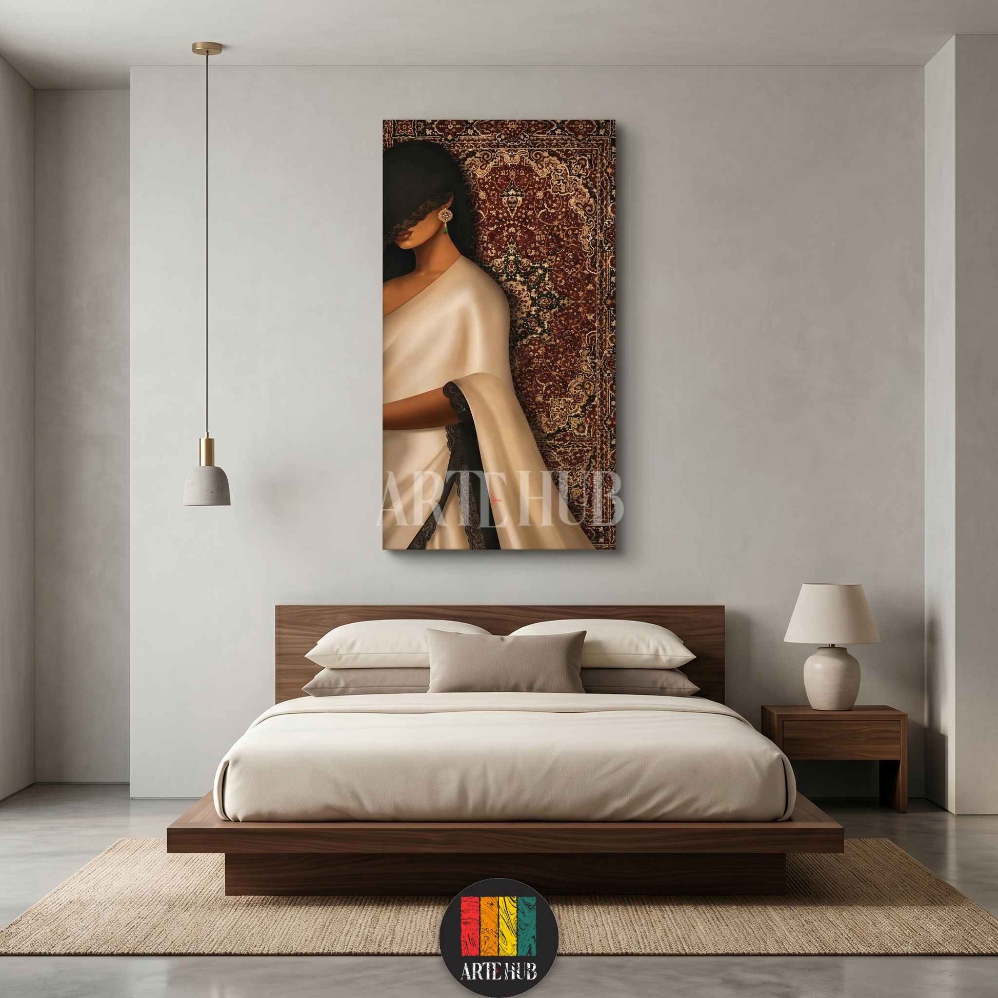 An elegant woman in a white gown and lace veil before a traditional Persian carpet pattern, styled as luxury canvas wall art in an Egyptian bedroom.