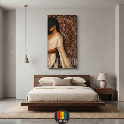 An elegant woman in a white gown and lace veil before a traditional Persian carpet pattern, styled as luxury canvas wall art in an Egyptian bedroom.
