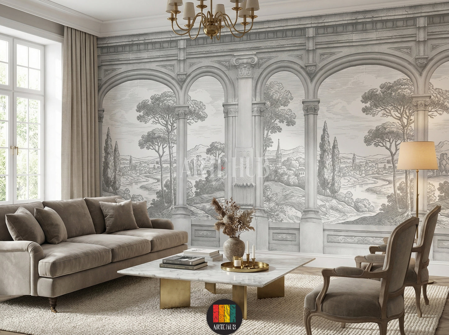 A luxurious grayscale wallpaper mural featuring classical Roman arches and a scenic landscape in a sophisticated living room, perfect for home decor in Egypt.
room: living room