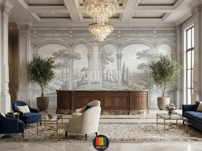 Elegant monochrome architectural wallpaper mural showing classical arches and a scenic landscape in a luxury lobby, premium modern wall decor in Egypt.
room: lobby