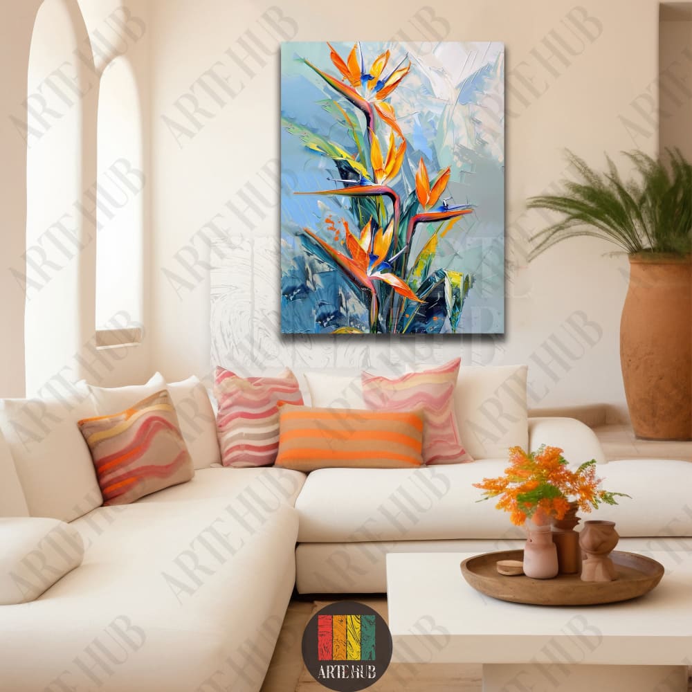 Impressionist style painting of orange bird of paradise flowers on a blue and white background, displayed as canvas wall art in a modern luxury living room in Egypt.