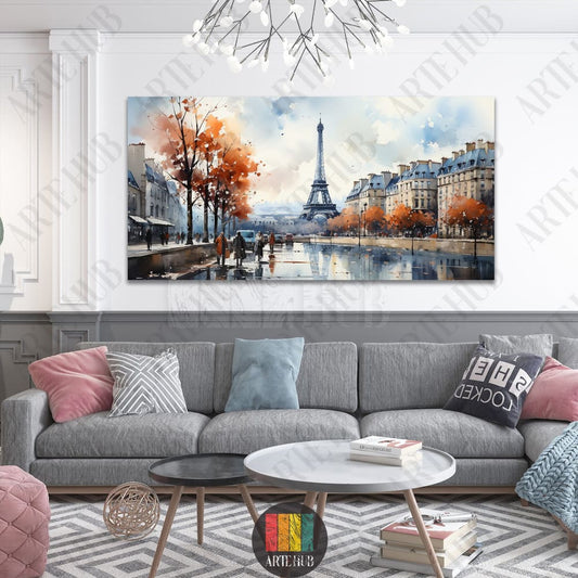 Large horizontal canvas wall art featuring a watercolor painting of the Eiffel Tower in Paris during autumn with orange trees and street reflections.