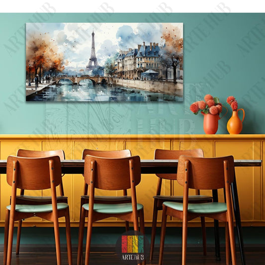 Watercolor landscape of the Eiffel Tower and Seine river in Paris, stylized canvas wall art for modern interior design in a dining setting.