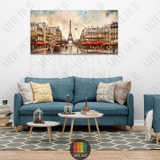 Impressionist style canvas wall art depicting the Eiffel Tower and a Parisian street with red cafe awnings, styled above a modern blue sofa.