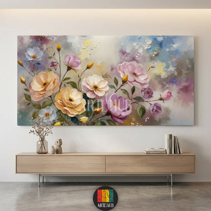 Abstract pastel floral canvas wall art featuring pink and yellow flowers in a watercolor style, perfect for luxury modern home decor in Egypt.
