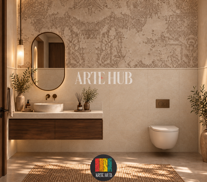Patina Arabesque beige wallpaper on the upper wall above stone-look tiles and a floating vanity.
room: bathroom