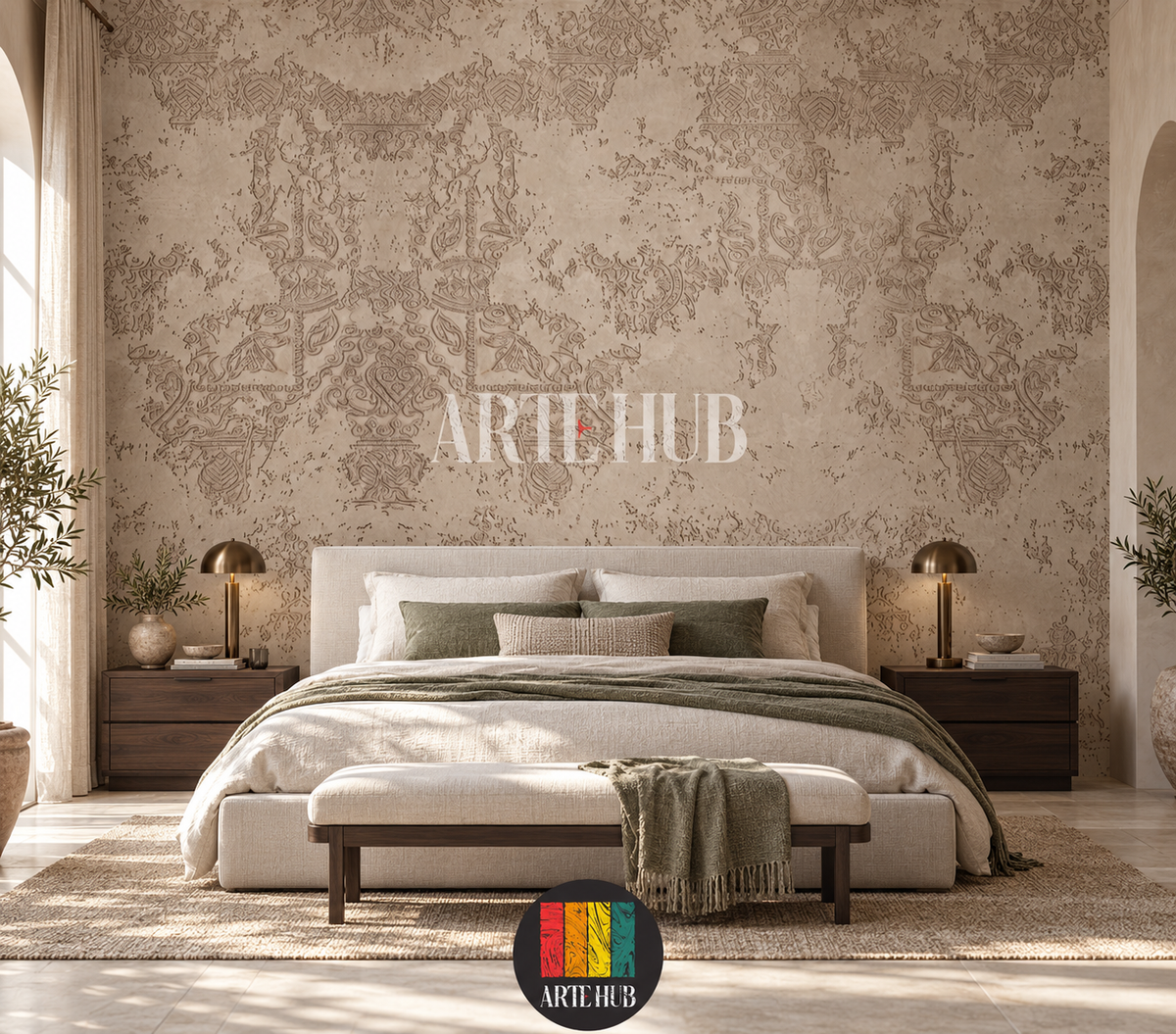 Patina Arabesque beige ornamental wallpaper behind an upholstered bed with olive textiles.
room: bedroom