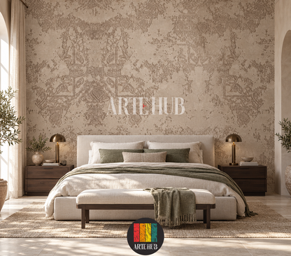 Patina Arabesque beige ornamental wallpaper behind an upholstered bed with olive textiles.
room: bedroom