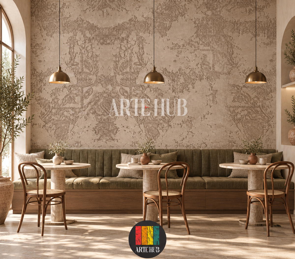 Patina Arabesque beige patterned wallpaper above olive banquette seating and small round tables.
room: cafe