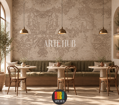 Patina Arabesque beige patterned wallpaper above olive banquette seating and small round tables.
room: cafe