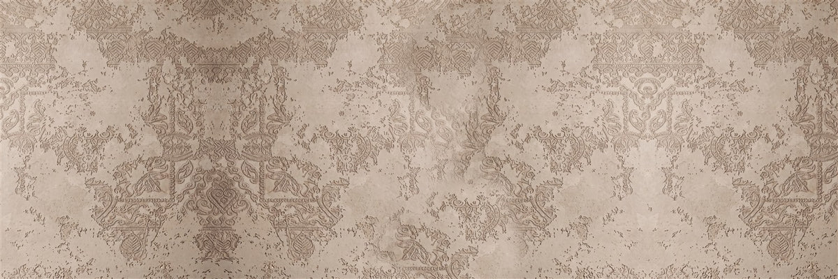 Patina Arabesque flat wallpaper artwork with beige concrete-effect texture and weathered brown arabesque motifs.