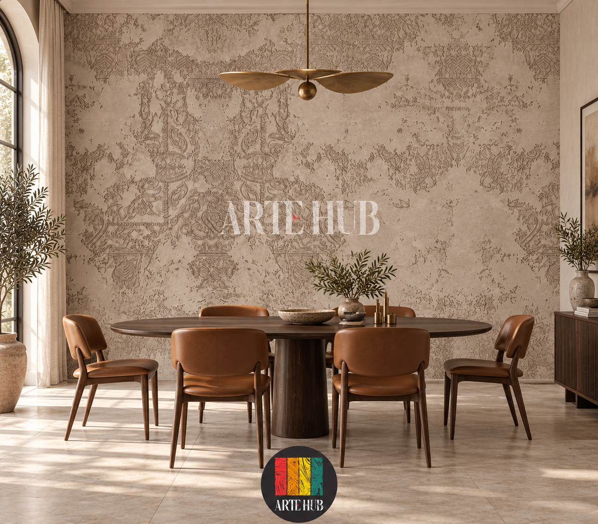Patina Arabesque distressed beige wallpaper behind a walnut table and caramel chairs.
room: dining room