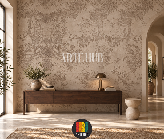 Patina Arabesque ornamental concrete-effect wallpaper above a walnut console beside an arched passage.
room: hallway