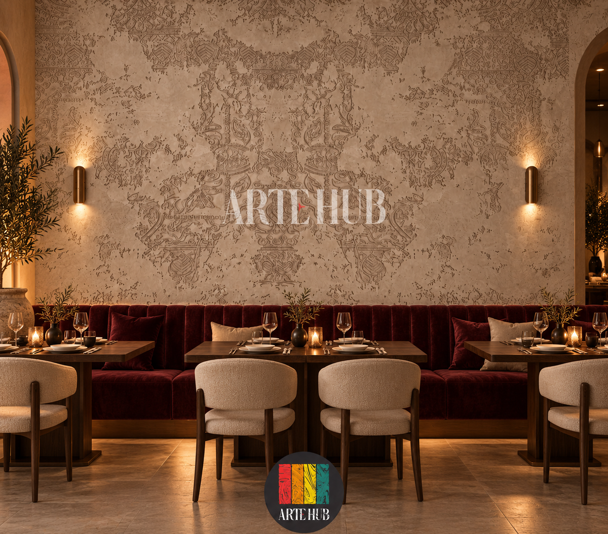 Patina Arabesque weathered ornamental wallpaper above burgundy banquettes and candlelit tables.
room: restaurant