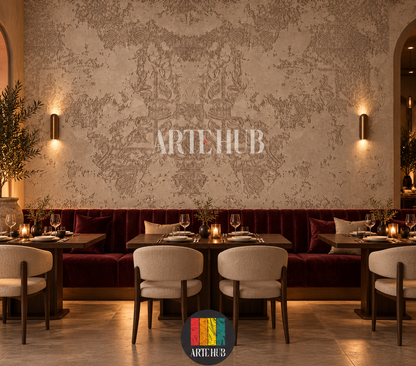 Patina Arabesque weathered ornamental wallpaper above burgundy banquettes and candlelit tables.
room: restaurant