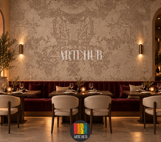 Patina Arabesque weathered ornamental wallpaper above burgundy banquettes and candlelit tables.
room: restaurant