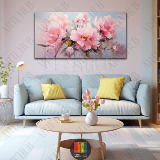 Impressionist style pink peonies floral canvas wall art hung in a modern living room with luxury furniture in Egypt.