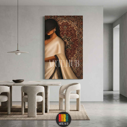 A luxury canvas wall art piece depicting a woman in white silk against a detailed Persian rug background, ideal for modern home decor in Egypt.