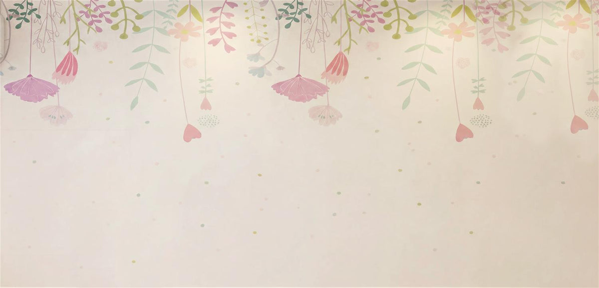 Petal Daydream flat wallpaper artwork with hanging pink flowers, green leaves and pastel dots on an ivory background.