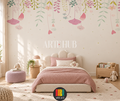 Petal Daydream pastel floral wallpaper above a scalloped cream child's bed with pink bedding.
room: kids room