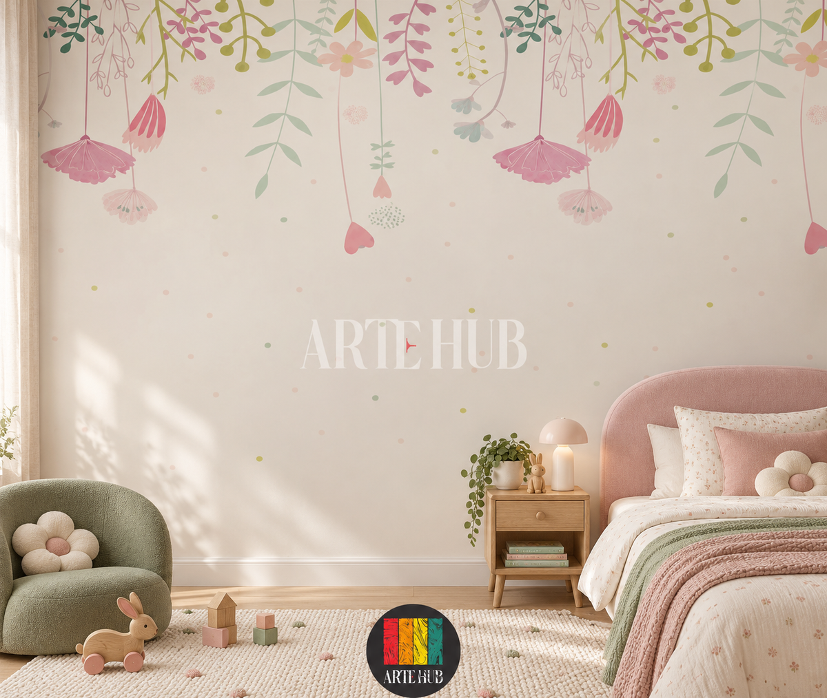 Petal Daydream hanging-flower wallpaper beside a pink upholstered child's bed and a sage chair.
room: kids room