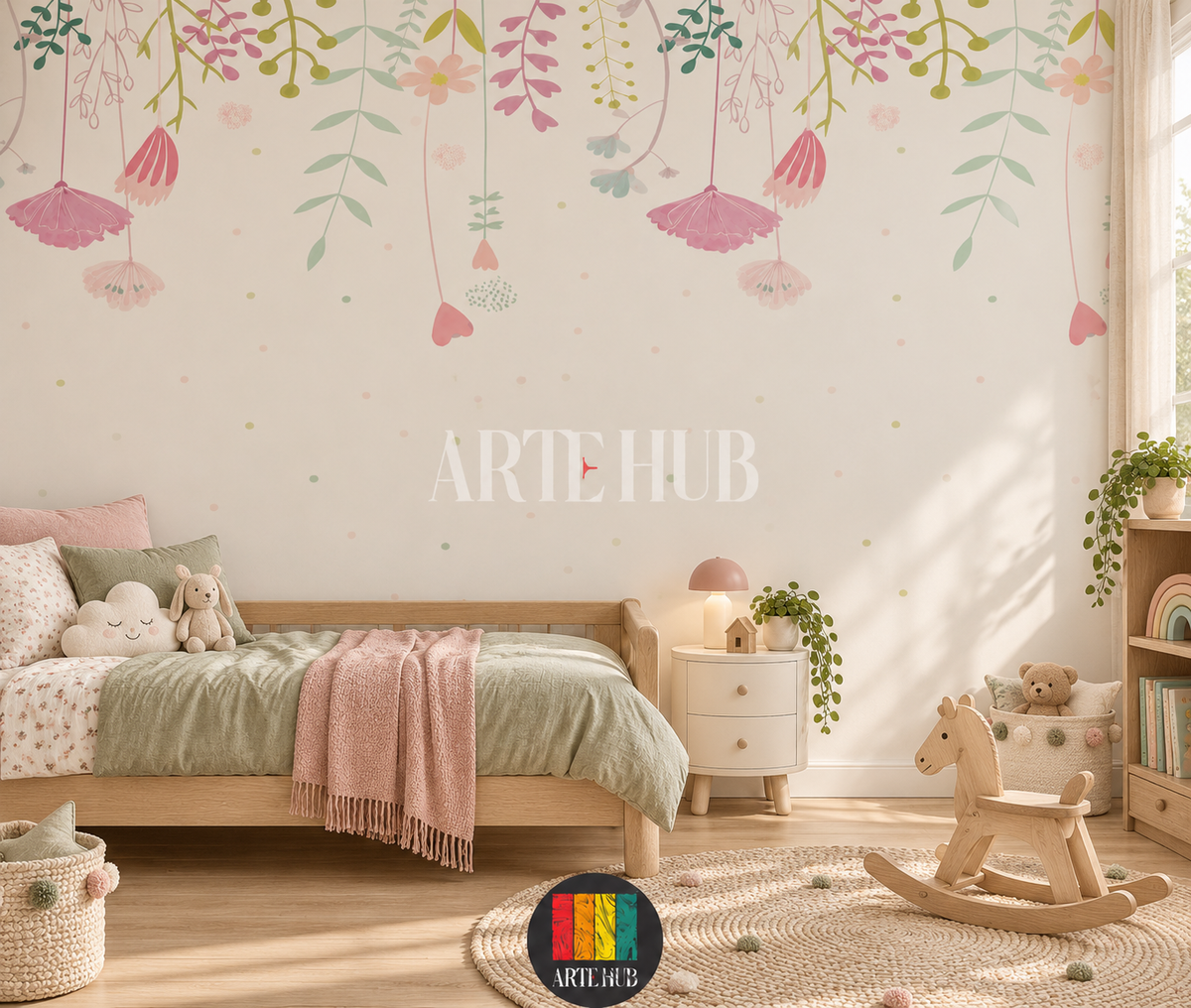 Petal Daydream pastel botanical wallpaper above a wooden daybed with a rocking horse.
room: kids room