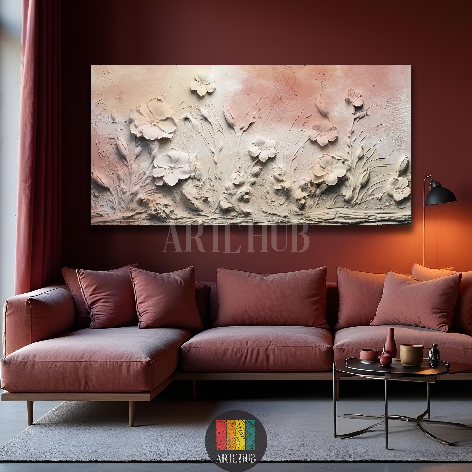 Elegant 3D sculpted white flowers on a textured pink canvas wall art, displayed above a modern sofa in a luxury Egyptian living room.