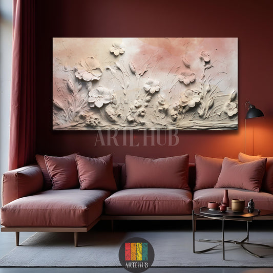Elegant 3D sculpted white flowers on a textured pink canvas wall art, displayed above a modern sofa in a luxury Egyptian living room.