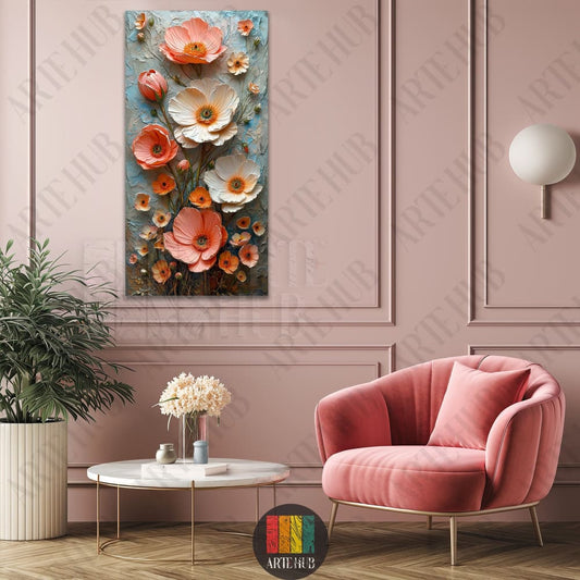 Vertical canvas wall art featuring 3D textured peach and white poppies on a blue background, displayed in a luxury modern living room.