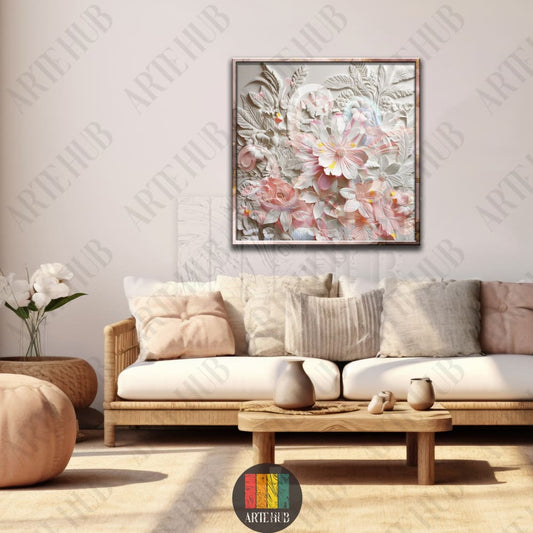 A sophisticated 3D embossed floral canvas wall art piece featuring soft pink and white blossoms in a modern living room, luxury home decor Egypt.