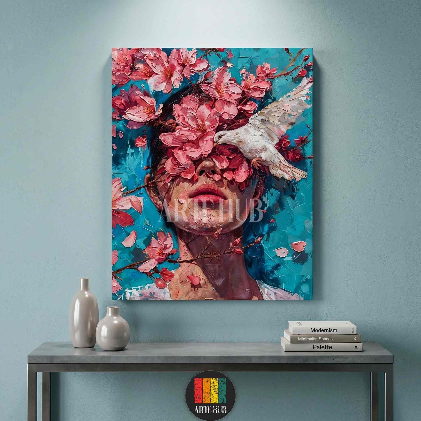 Modern portrait canvas wall art featuring a woman with thick pink impasto flowers and a white bird against a vibrant teal background.