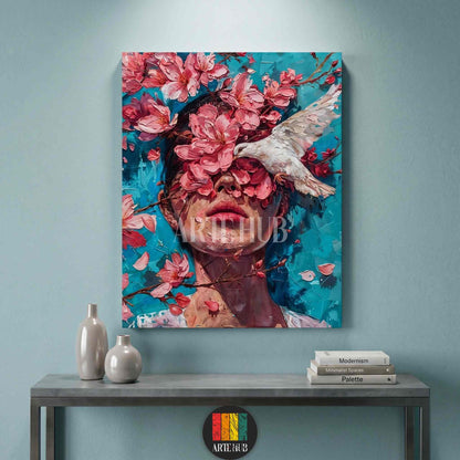 Modern portrait canvas wall art featuring a woman with thick pink impasto flowers and a white bird against a vibrant teal background.