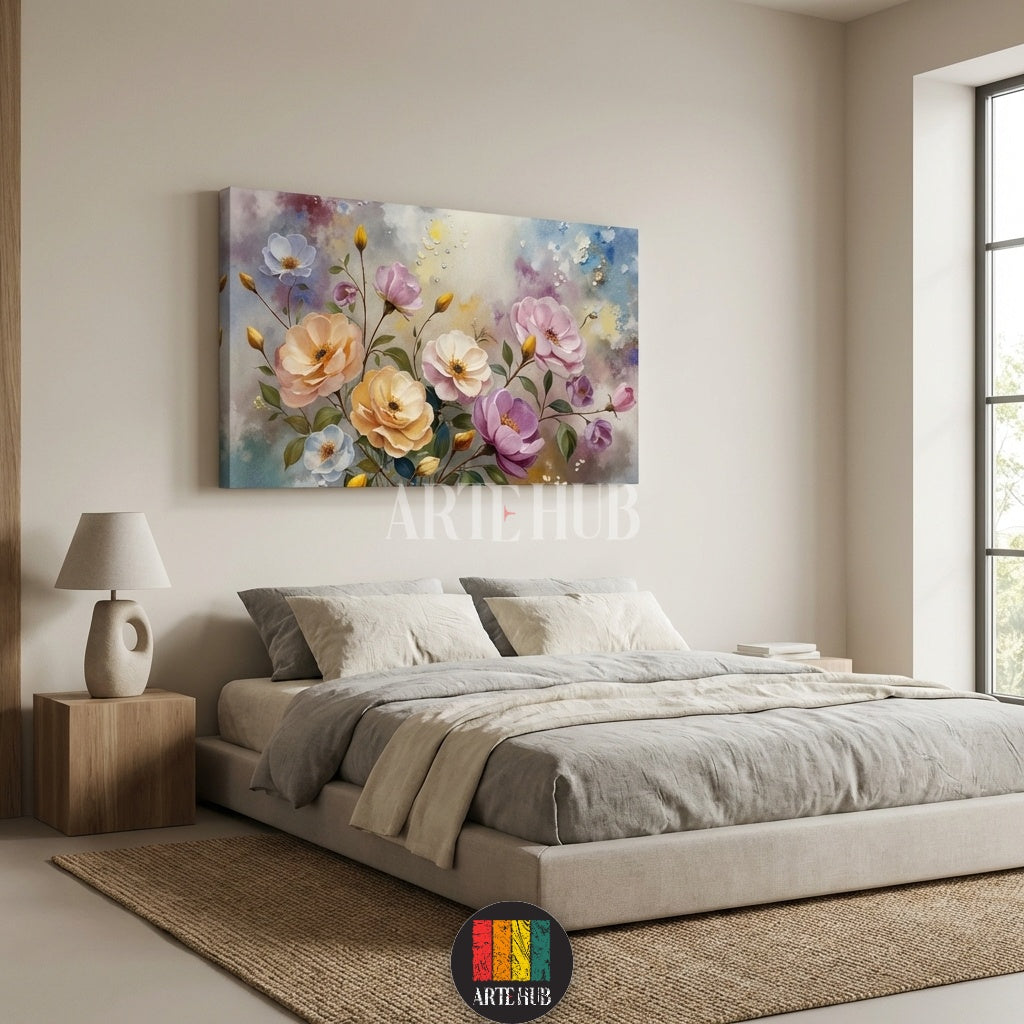 A large horizontal canvas wall art featuring soft watercolor-style flowers in pastel tones, styled above a bed in a minimalist bedroom in Egypt.