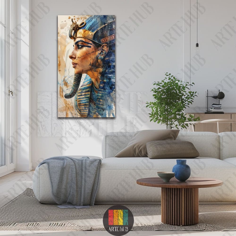 Artistic Pharaoh portrait canvas wall art in blue and gold watercolor style, styled in a luxury modern living room in Egypt.