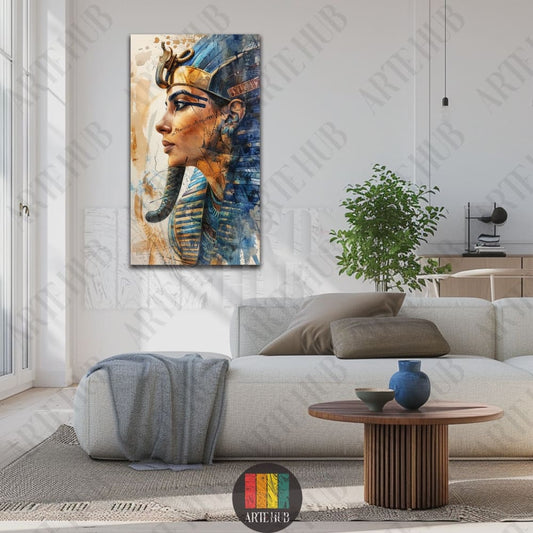 Artistic Pharaoh portrait canvas wall art in blue and gold watercolor style, styled in a luxury modern living room in Egypt.