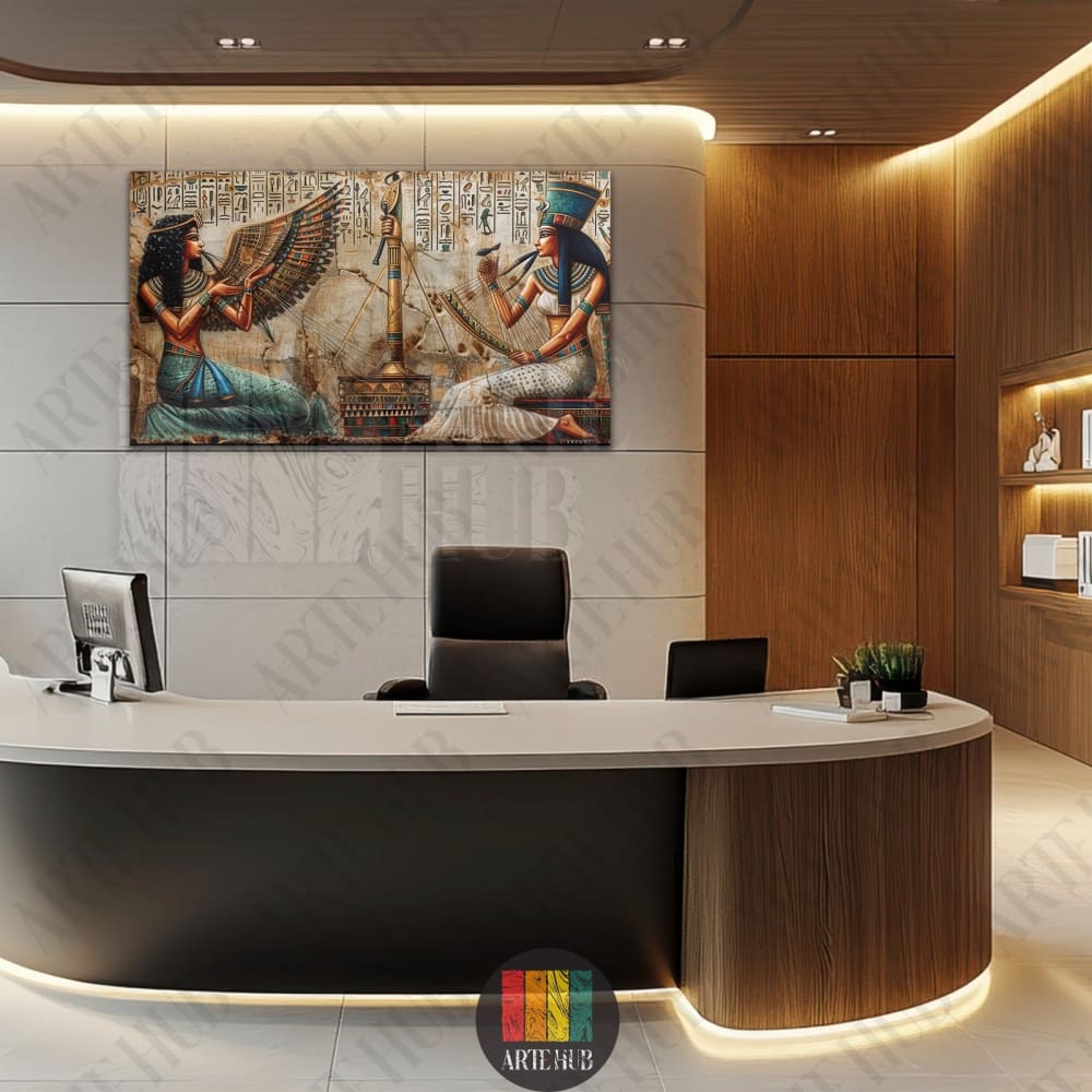 High-quality canvas wall art depicting ancient Egyptian queens and hieroglyphs in a luxury corporate office reception in Egypt.