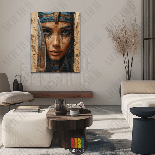A premium canvas wall art featuring a modern artistic depiction of an ancient Egyptian queen with blue and gold accents in a luxury living room in Egypt.