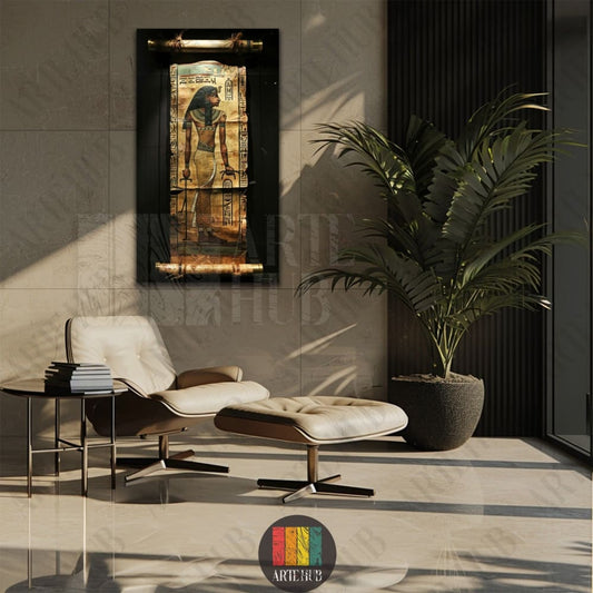 A luxury vertical canvas wall art piece depicting an ancient Egyptian pharaoh on a textured papyrus scroll, displayed in a modern luxury living room in Egypt.