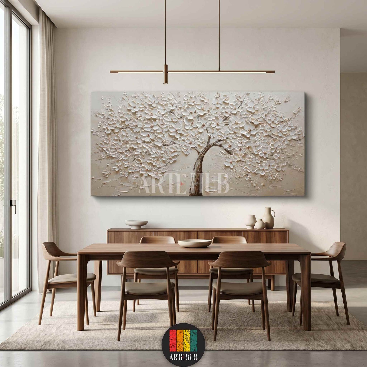 Large 3D textured white blossom tree canvas wall art painting in a modern dining room setting, luxury home decor Egypt.