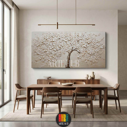 Large 3D textured white blossom tree canvas wall art painting in a modern dining room setting, luxury home decor Egypt.