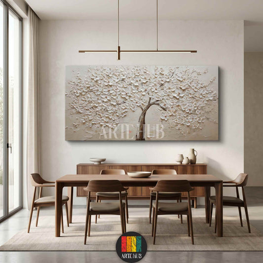 Large 3D textured white blossom tree canvas wall art painting in a modern dining room setting, luxury home decor Egypt.
