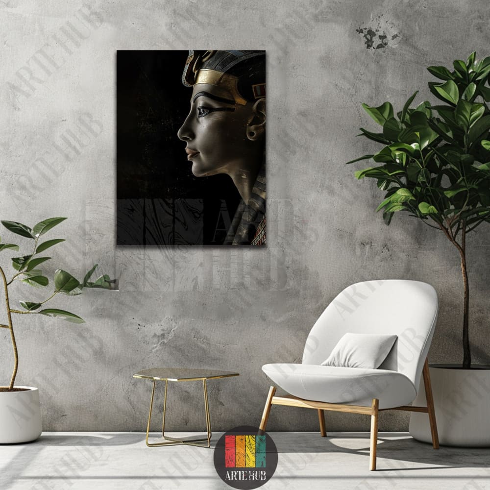 Modern profile portrait of Queen Nefertiti on canvas wall art in a luxury living room setting with concrete walls and gold accents.