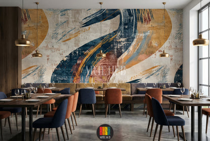 A modern dining room featuring a striking abstract wallpaper with bold blue, yellow, and beige brushstrokes. The room includes a wooden dining table, beige upholstered chairs, and a contemporary chandelier, enhancing stylish home decor in Egypt.
غرفة طعام عصرية مع ورق حائط تجريدي مميز بضربات فرشاة جريئة باللون الأزرق والأصفر والبيج. تشمل الغرفة طاولة طعام خشبية وكراسي منجدة بيج وثريا حديثة، مما يعزز الديكور المنزلي الأنيق في مصر.
room: restaurant