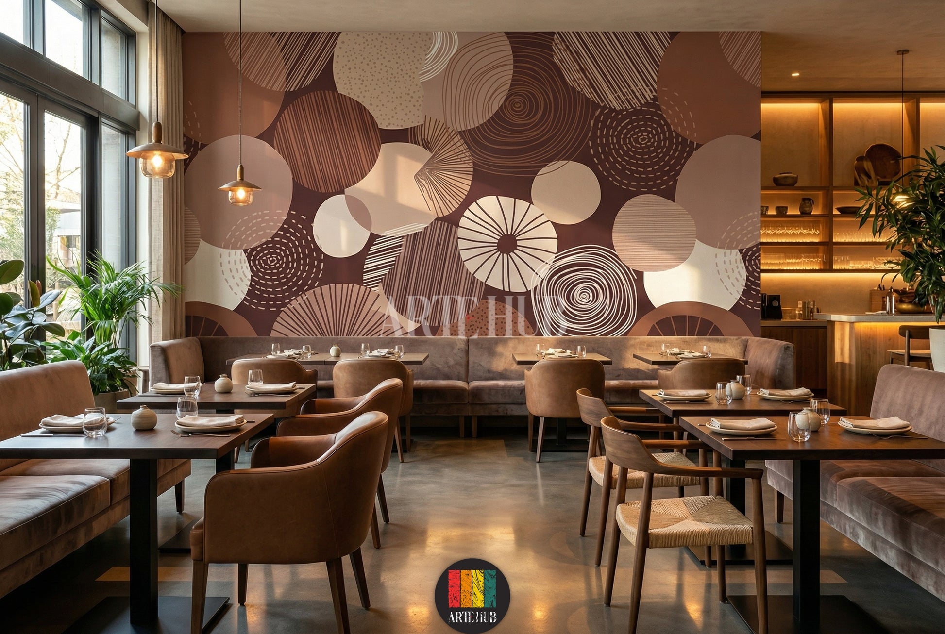 Full view of a living room featuring an abstract circular wallpaper in brown and beige tones, showcasing modern home decor in Egypt. A white sofa, brown armchair, and contemporary lamps complement the artistic wall art.
صورة كاملة لغرفة معيشة مزينة بـ ورق حائط بتصميم دوائر تجريدية وألوان ترابية (بني وبيج)، تظهر ديكورًا منزليًا عصريًا في مصر. أريكة بيضاء وكرسي بذراعين بني ومصابيح أنيقة تكمل فن الجدار.
room: restaurant