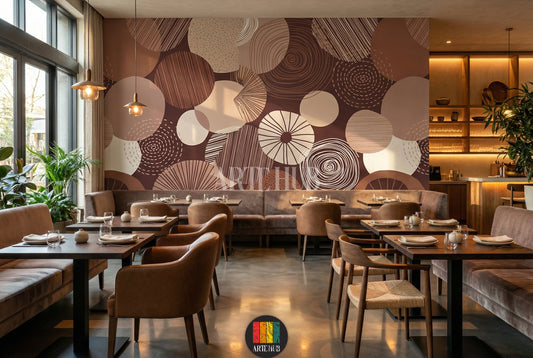 Full view of a restaurant featuring an abstract circular wallpaper in brown and beige tones, showcasing modern home decor in Egypt. A white sofa, brown armchair, and contemporary lamps complement the artistic wall art.
صورة كاملة لغرفة معيشة مزينة بـ ورق حائط بتصميم دوائر تجريدية وألوان ترابية (بني وبيج)، تظهر ديكورًا منزليًا عصريًا في مصر. أريكة بيضاء وكرسي بذراعين بني ومصابيح أنيقة تكمل فن الجدار.
room: restaurant