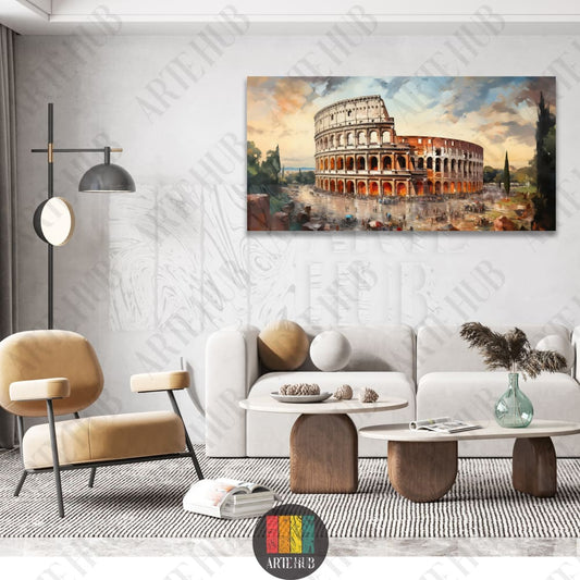 Impressionist painting of the Roman Colosseum on a large canvas wall art piece displayed in a contemporary luxury living room setting in Egypt.