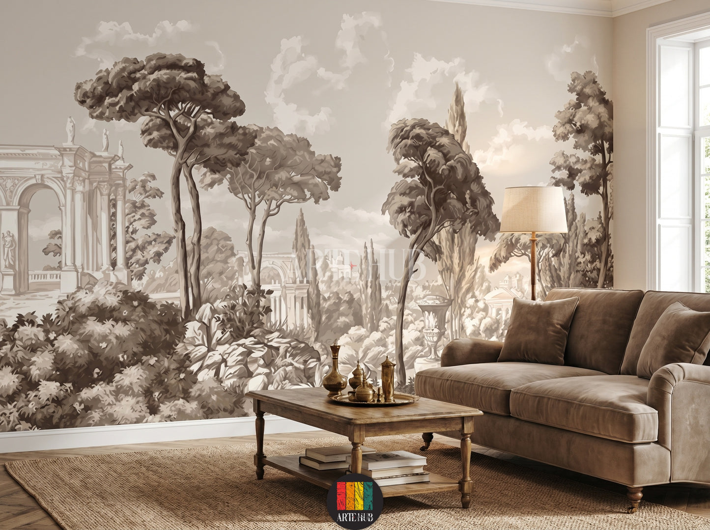 Classic Mediterranean landscape wallpaper with Roman arches and lush trees in neutral sepia tones, ideal for high-end Egyptian home decor.
room: living room