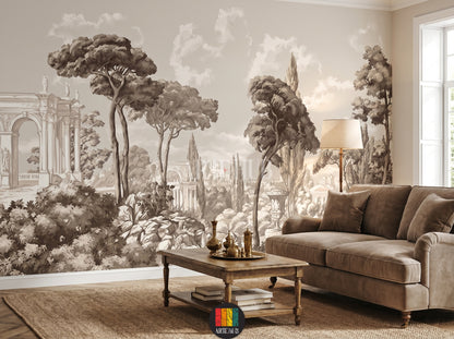 Classic Mediterranean landscape wallpaper with Roman arches and lush trees in neutral sepia tones, ideal for high-end Egyptian home decor.
room: living room